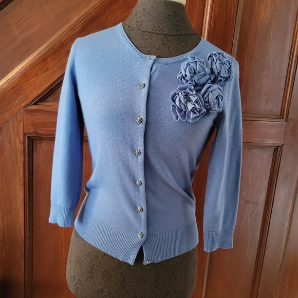 Vintage New York&Co. Blue Cardigan Sweater Rhinestone Buttons Decorative Flowers - Picture 1 of 6
